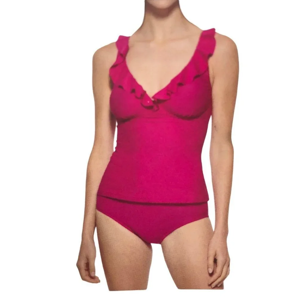 DKNY V NECK $118 Ruffle Women’s Two -Piece Swimsuit Pink SM NEW WITH TAG - Picture 3 of 10
